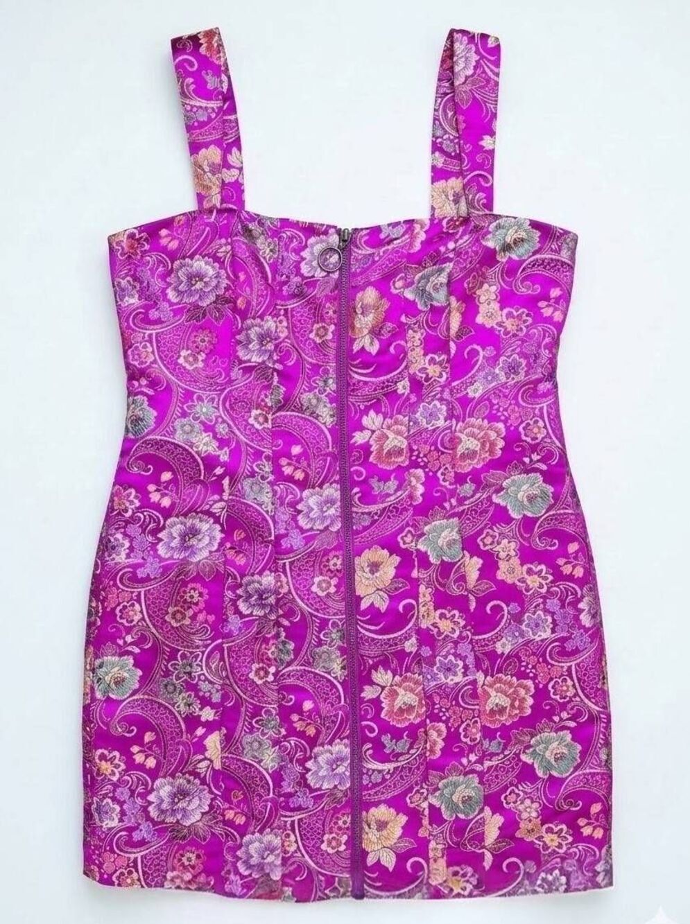 🔹️Metallic Hot Pink Brocade Floral Front Zipper Sleeveless Dress Large
